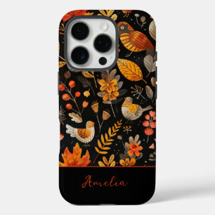 Personalised Name Whimsical Bird and Autumn Leaf iPhone 16 Pro Case