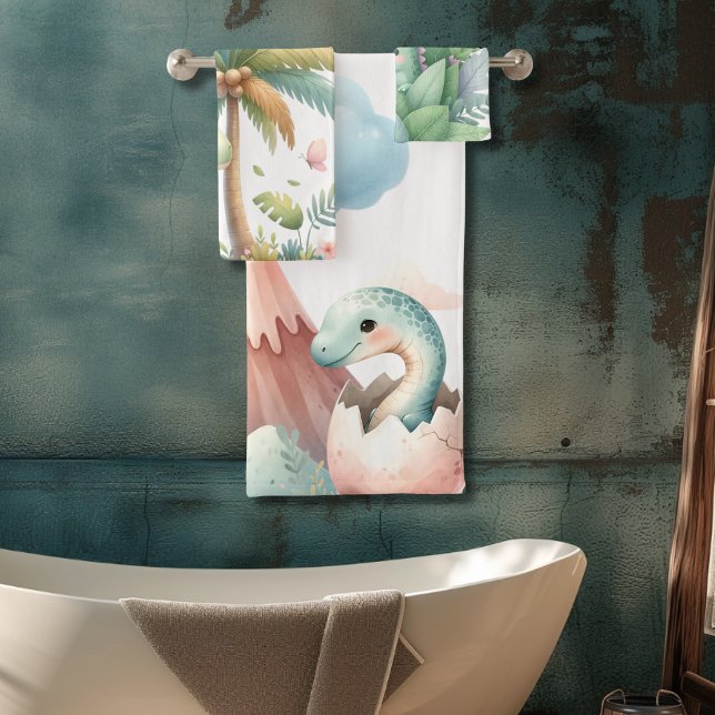 Personalised Name Whimsical Pastel Dinosaur Bath Towel Set (Creator Uploaded)