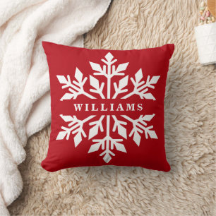 Personalised Name White and Red Large Snowflake Cushion
