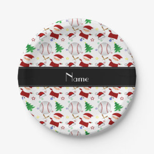 Personalised name white baseball christmas paper plate