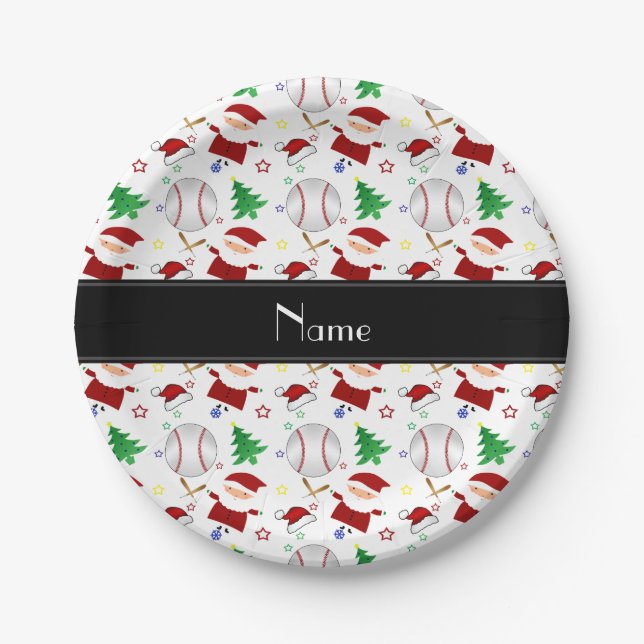 Personalised name white baseball christmas paper plate (Front)