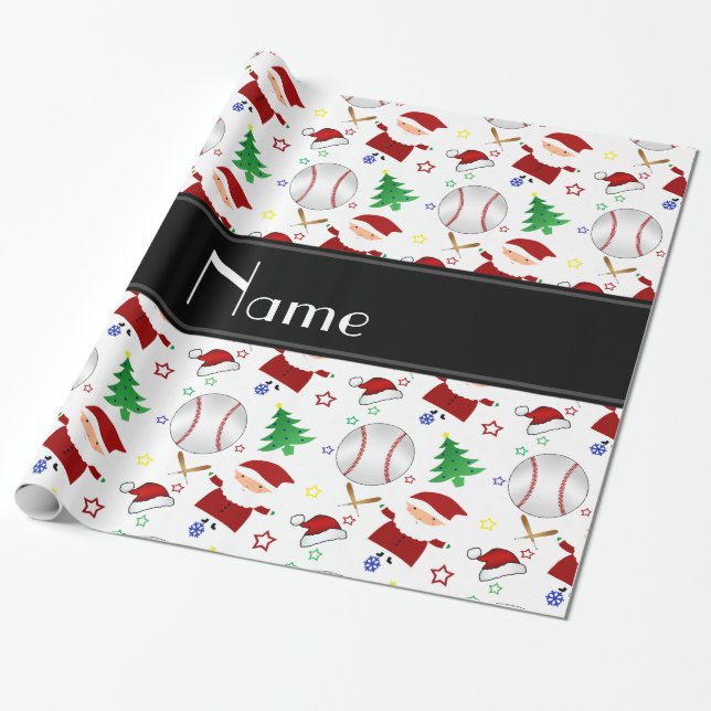 Personalised name white baseball christmas wrapping paper (Unrolled)
