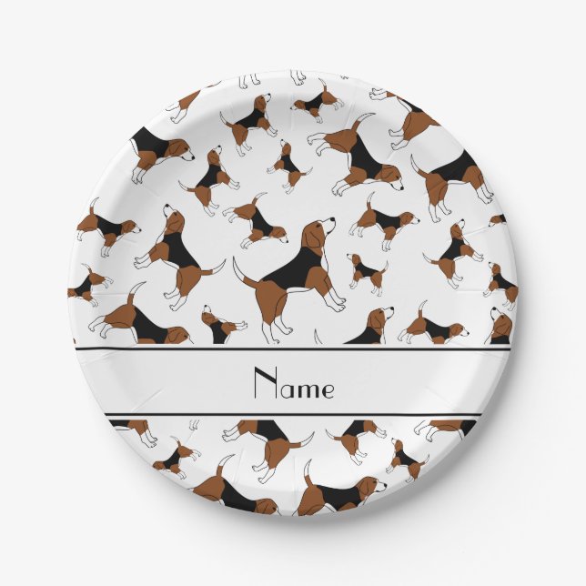 Personalised name white beagle dog pattern paper plate (Front)