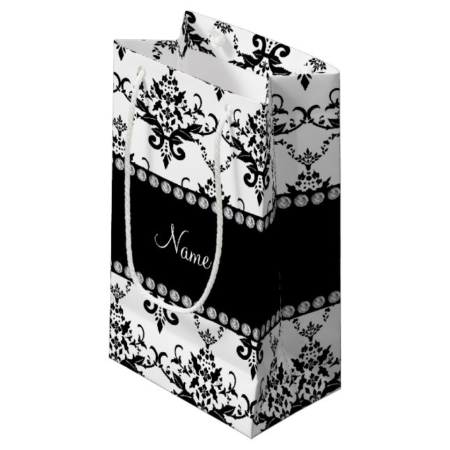 Personalised name white black damask small gift bag (Front Angled)