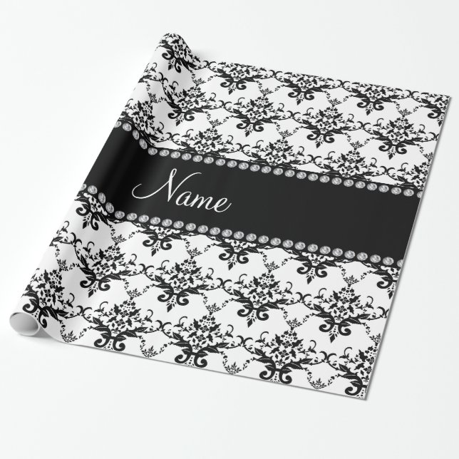 Personalised name white black damask wrapping paper (Unrolled)