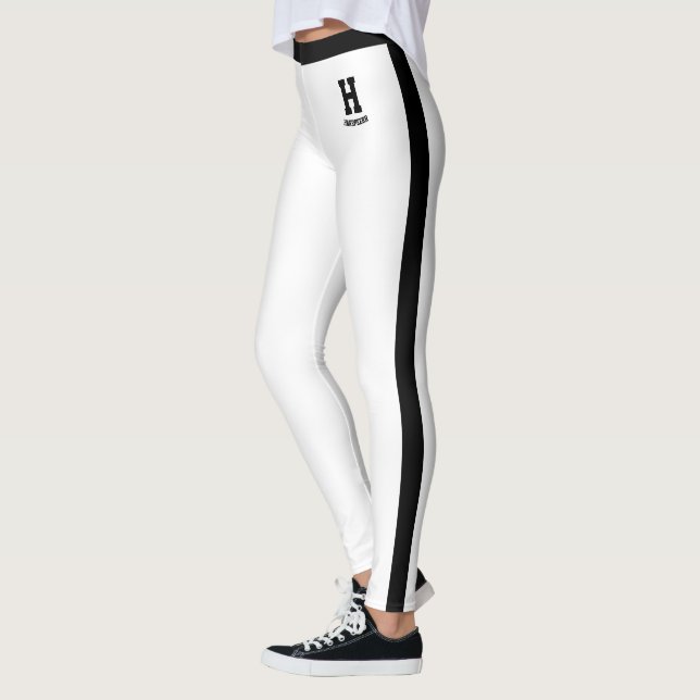 Personalised Name White Black Monogram Stripes Leggings (Left)