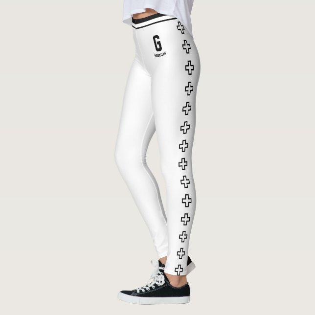 Personalised Name White Black Stripe Cross Pattern Leggings (Left)