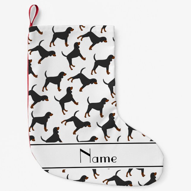Personalised name white black tan coonhounds small christmas stocking (Front)