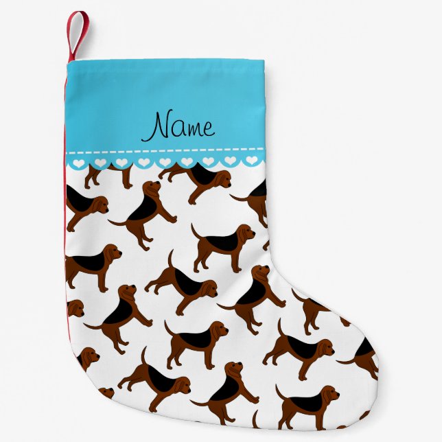 Personalised name white bloodhound dogs small christmas stocking (Front)
