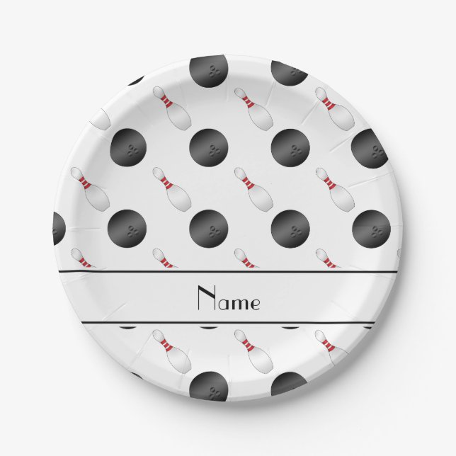 Personalised name white bowling balls pins paper plate (Front)