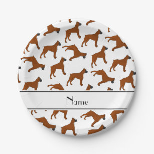 Personalised name white boxer dog pattern paper plate