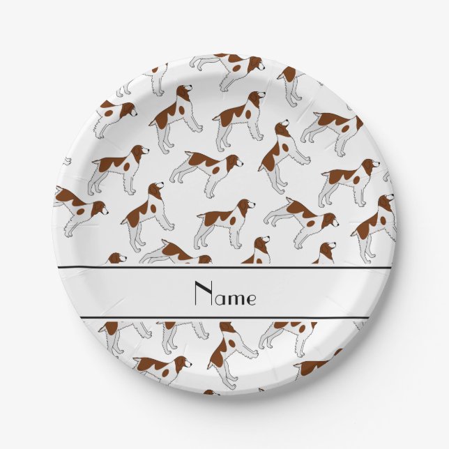Personalised name white brittany spaniel dogs paper plate (Front)