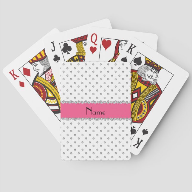Personalised name white diamonds pink stripe playing cards (Back)