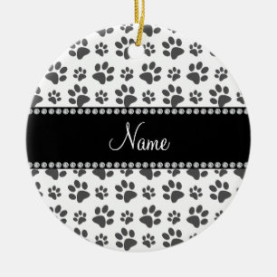 Personalised name white dog paw print ceramic tree decoration