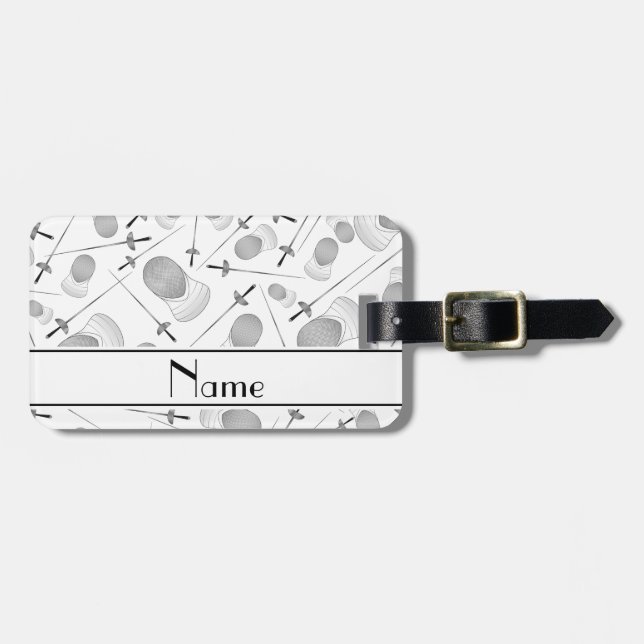 Personalised name white fencing pattern luggage tag (Front Horizontal)