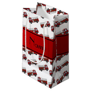 Personalised name white firetrucks red stripe small gift bag