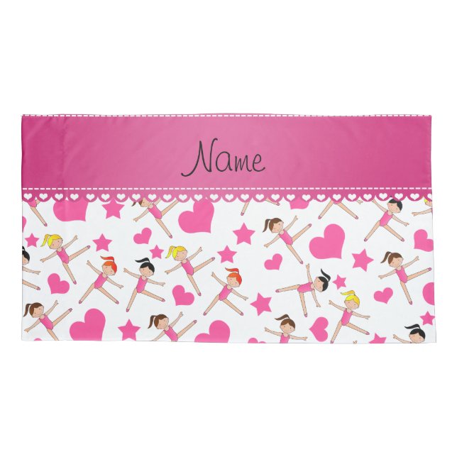 Personalised name white girl gymnasts hearts stars pillowcase (Back)