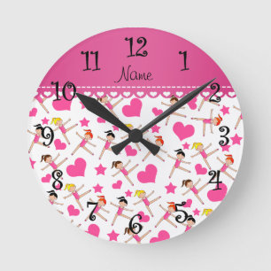Personalised name white girl gymnasts hearts stars round clock