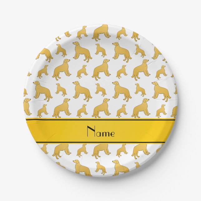 Personalised name white Golden Retriever dogs Paper Plate (Front)