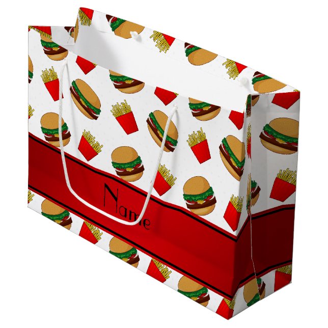 Personalised name white hamburgers fries large gift bag (Front Angled)