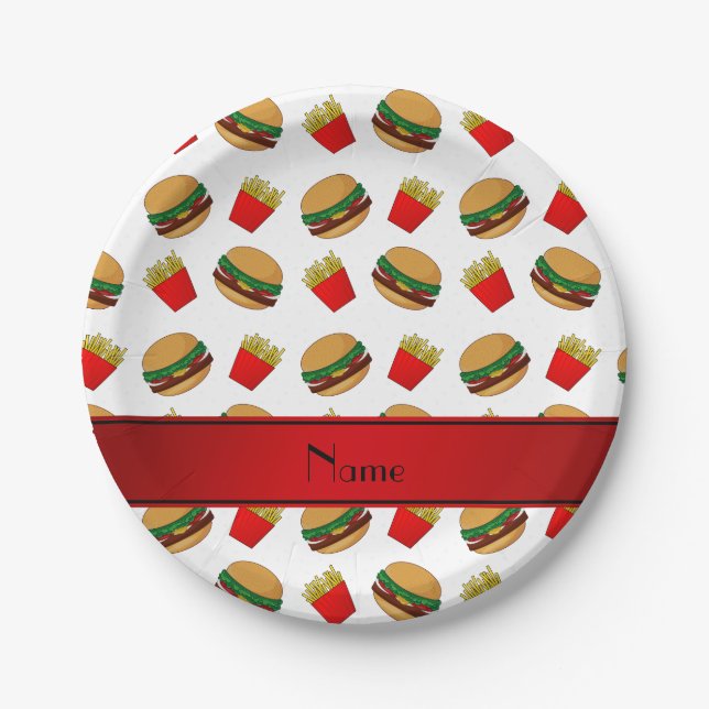 Personalised name white hamburgers fries paper plate (Front)