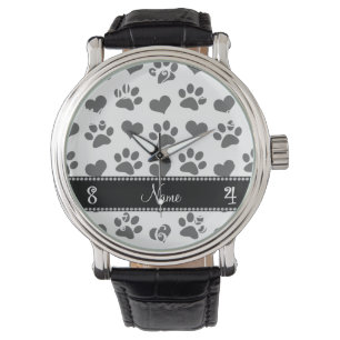 Personalised name white hearts and paw prints watch