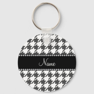 Personalised name white houndstooth pattern key ring