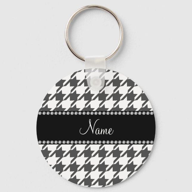 Personalised name white houndstooth pattern key ring (Front)