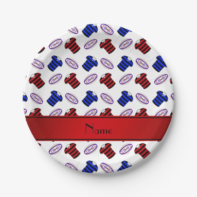 Personalised name white jerseys rugby balls paper plate (Front)