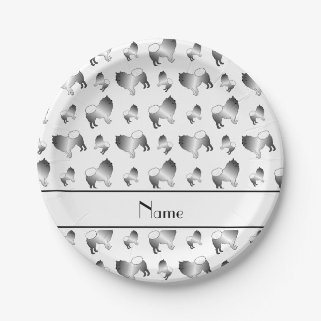 Personalised name white keeshond dogs paper plate (Front)