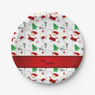 Personalised name white lacrosse christmas pattern paper plate