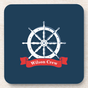 Personalised name, white nautical navy ship wheel, coaster