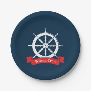 Personalised name, white nautical navy ship wheel, paper plate