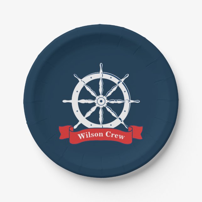 Personalised name, white nautical navy ship wheel, paper plate (Front)