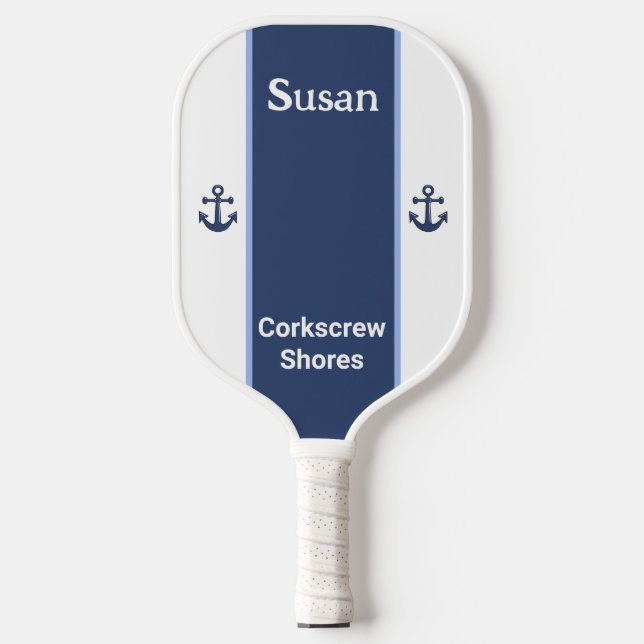 Personalised Name White Navy Blue Anchor  Pickleball Paddle (Front)