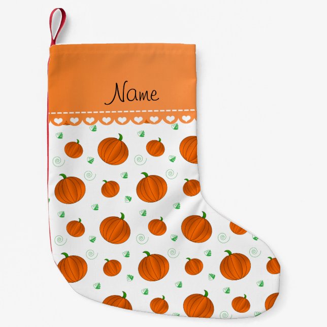 Personalised name white orange pumpkins small christmas stocking (Front)