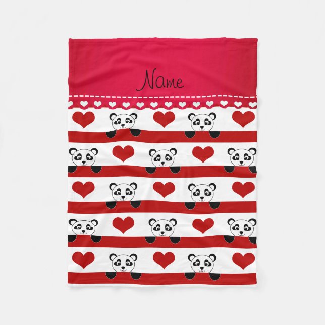 Personalised name white panda red heart stripes fleece blanket (Front)