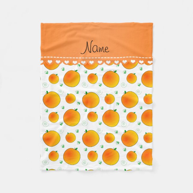 Personalised name white peaches green leaves swirl fleece blanket (Front)