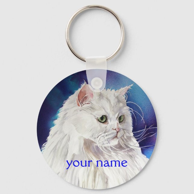 Personalised Name White Persian Cat Keychain (Front)