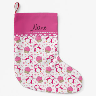 Personalised name white pink penguins cupcakes small christmas stocking