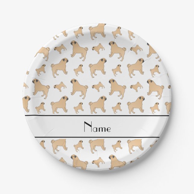 Personalised name white Pug dogs Paper Plate (Front)