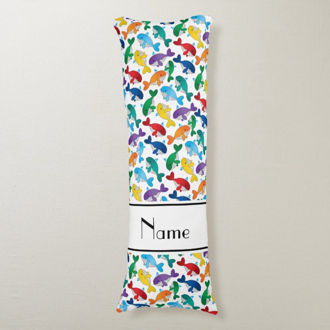 Personalised name white rainbow blue whales body cushion (Front Vertical)