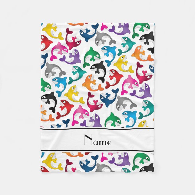 Personalised name white rainbow killer whales fleece blanket (Front)