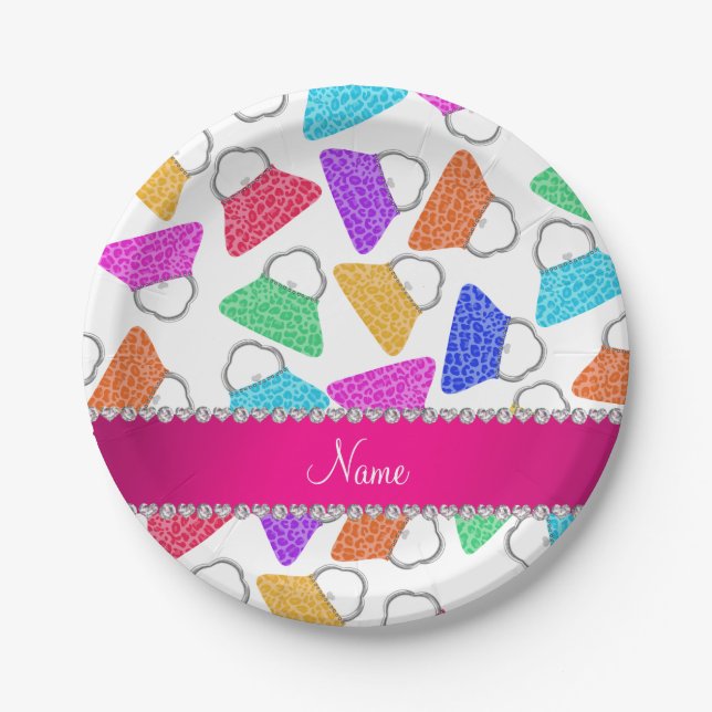 Personalised name white rainbow leopard purses paper plate (Front)