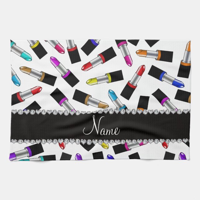 Personalised name white rainbow lipstick tea towel (Horizontal)