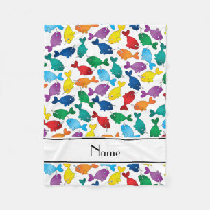 Personalised name white rainbow narwhals fleece blanket