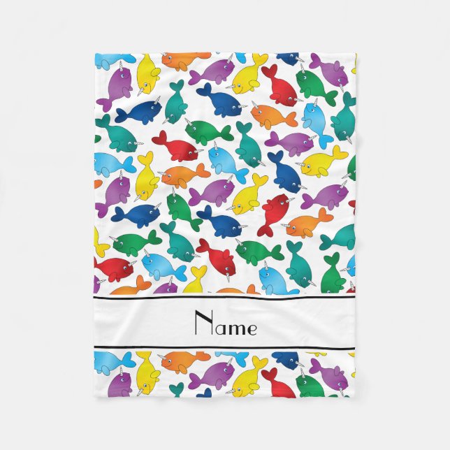Personalised name white rainbow narwhals fleece blanket (Front)