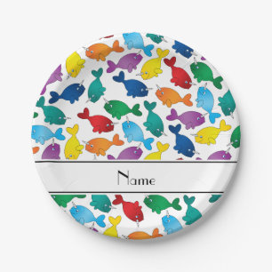 Personalised name white rainbow narwhals paper plate