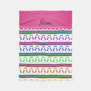Personalised name white rainbow stripes penguins fleece blanket