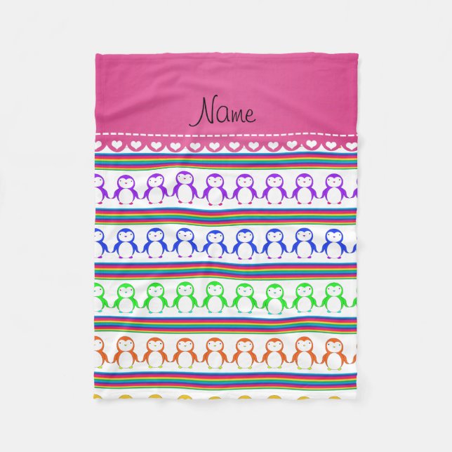 Personalised name white rainbow stripes penguins fleece blanket (Front)